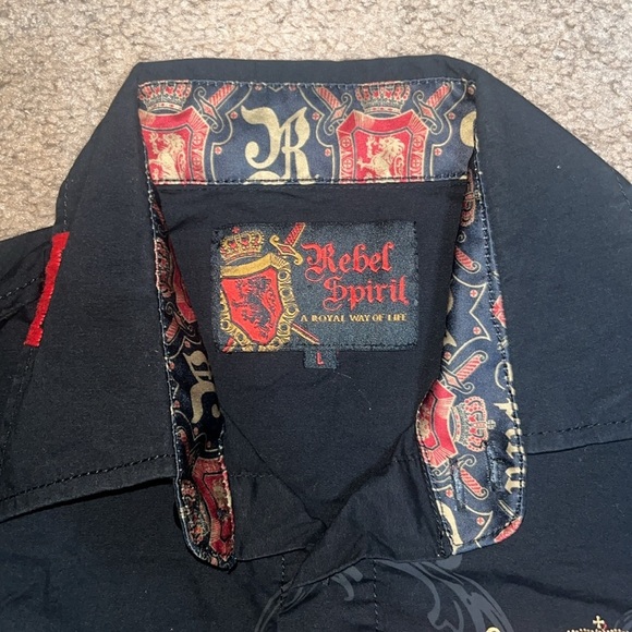 Rebel Spirit Royal Way Of Life Button Up Crown Skull Embroidery Flip Cuff Black - Picture 7 of 8